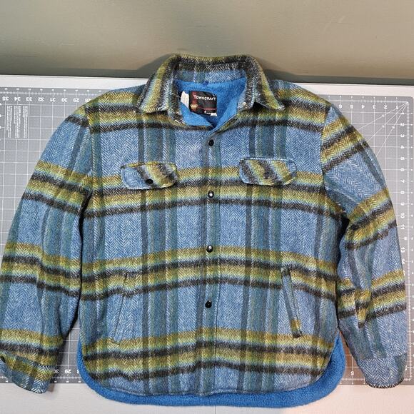 Vintage 60s JC Penney Wool Coat Jacket Large Towncraft Plaid Fleece Lined Retro